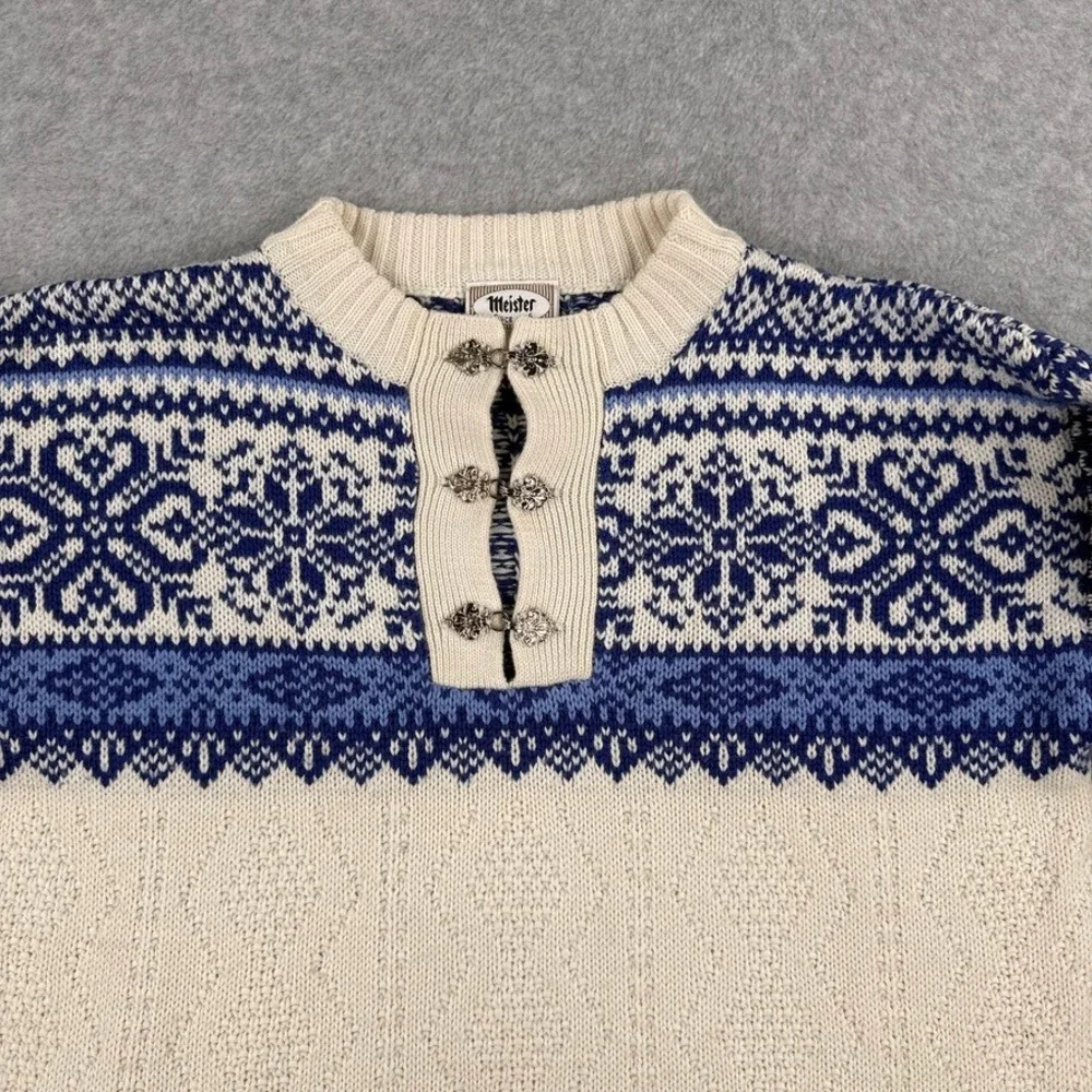 Vintage Meister Sweater M Mens Nordic Wool Blend Blue Cream Fair Isle Pewter